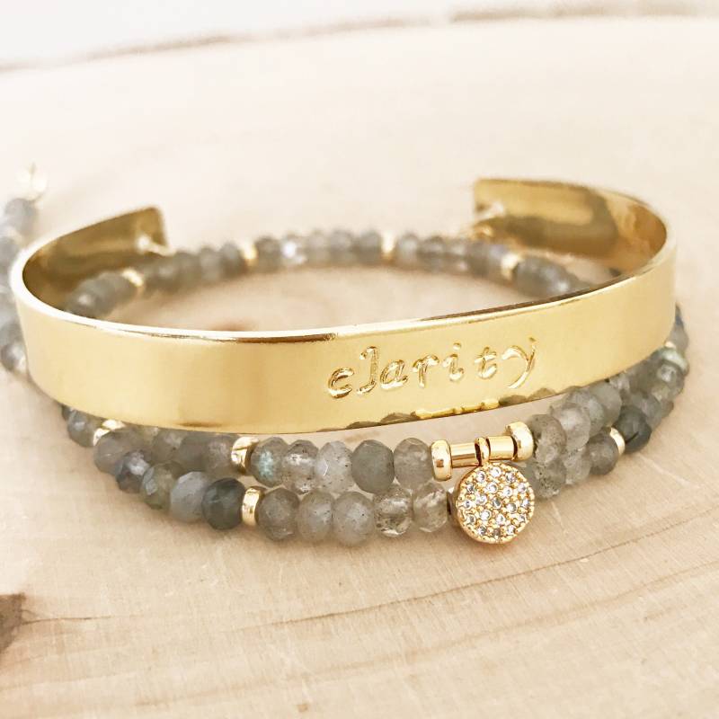 Labradoritedelstein Und Gold Handstamped Manschette "Klarheit" Wickelarmband/Kette. Diamant Look Charme | Cubic Zirkonia von ElevenDreams