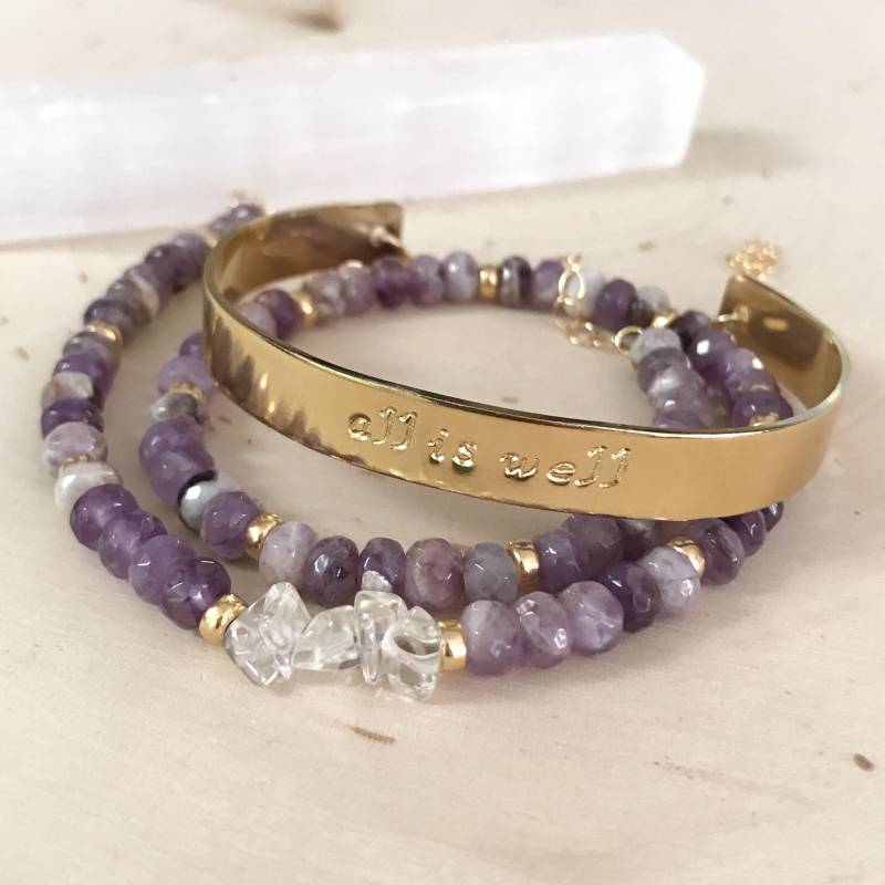 Lila Amethyst Edelstein Und Gold Hand-stanped Wrap Armband/Kette. Spiritueller Schmuck Mit Bedeutung von ElevenDreams