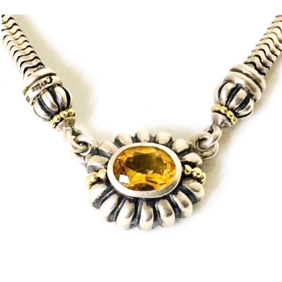 Gebrauchte Lagos Caviar Citrin Geriffelte Anhänger Halskette 925 Sterling Silber 750 Gold von ElevenRosesBoutique