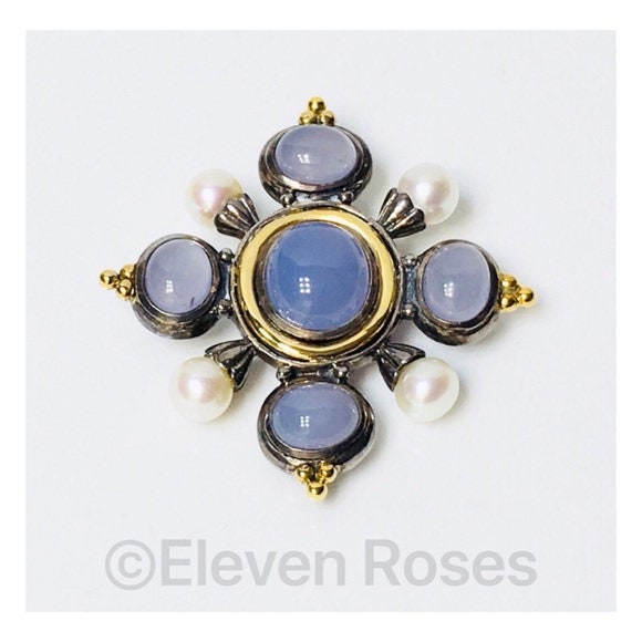 Große Chalcedon Perle Brosche 925 Sterling Silber 585 14K Gold Versandkostenfrei von ElevenRosesBoutique