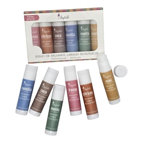 Eleytele Lip Balm Set – 6 natürliche und organische Lippenbalsame, Geschmacksrichtungen: Kokosnuss, Vanille, Honig, Minze, Erdbeere, Zitrus | Feuchtigkeitsspendend, tägliche Pflege von Eleytele