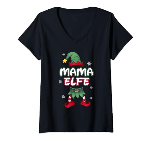 Damen Mama Elfe Weihnachtsoutfit Partnerlook Geschenk Weihnachten T-Shirt mit V-Ausschnitt von Elf Familienoutfit Familien tshirt für Weihnachten