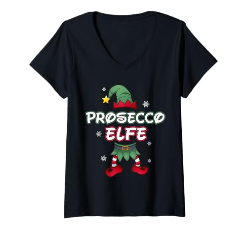 Damen Prosecco Elfe Weihnachtsoutfit Partnerlook Weihnachten T-Shirt mit V-Ausschnitt von Elf Familienoutfit Familien tshirt für Weihnachten