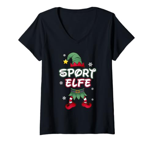 Damen Sport Elfe Weihnachtsoutfit Partnerlook Geschenk Weihnachten T-Shirt mit V-Ausschnitt von Elf Familienoutfit Familien tshirt für Weihnachten
