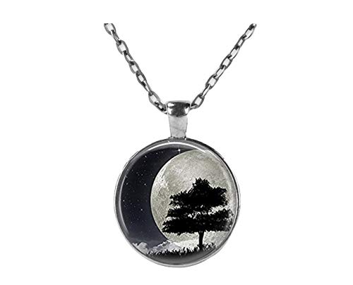 Mond- und Baum-Halskette, Kunst-Mond-Halskette, kuppelförmig, handgefertigt. von Elf House