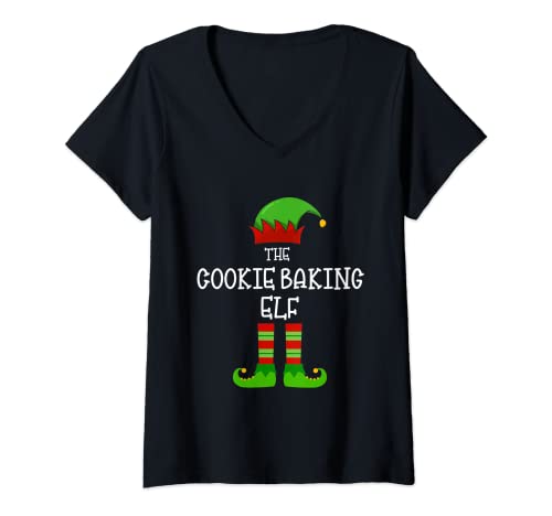 Damen The Cookie Backen Elf Passende Familiengruppe Weihnachten Pyjama T-Shirt mit V-Ausschnitt von Elf Matching Family Christmas Pajama