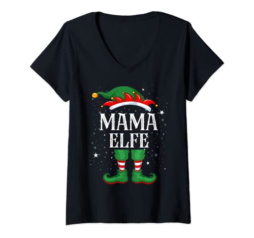 Damen Mama Elfe Tshirt Outfit Weihnachten Familie Elf Christmas T-Shirt mit V-Ausschnitt von Elf Weihnachtsshirt Familien Outfit Partnerlook