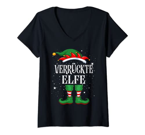 Damen Verrückte Elf Tshirt Weihnachten Familie Elf Christmas T-Shirt mit V-Ausschnitt von Elf Weihnachtsshirt Familien Outfit Partnerlook