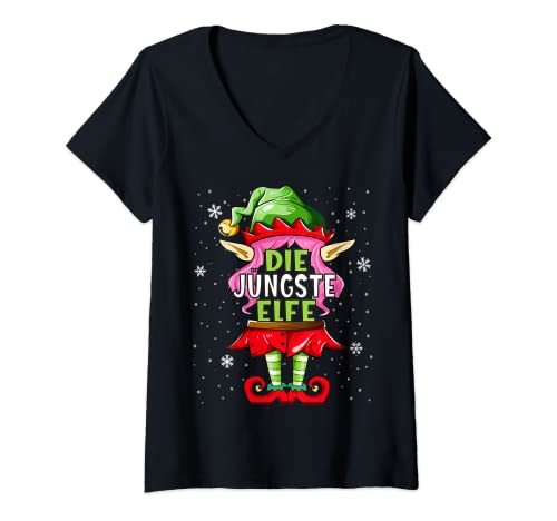 Damen Jüngste Elfe Tshirt Outfit Weihnachten Familie Christmas T-Shirt mit V-Ausschnitt von Elf Weihnachtsshirt Familien Partnerlook Outfit