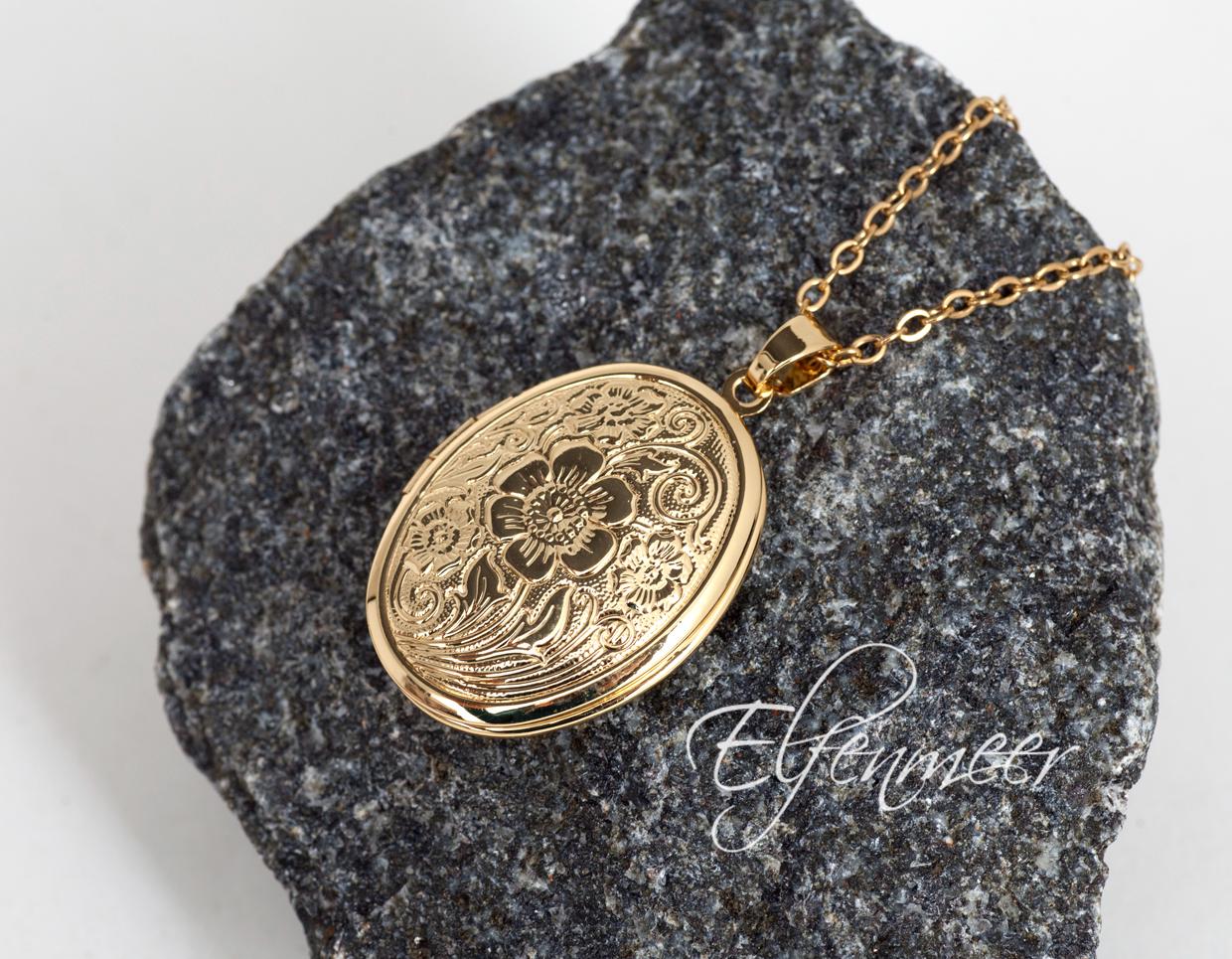 18 Karat Vergoldete Edelstahl Medaillonkette, Ovales Amulett von Elfenmeer