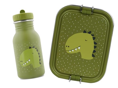 Trixie Baby Trinkflasche und Brotdose als Set aus Edelstahl mit optionaler Namens-Gravur Personalisierung (Dino, Small) von Elfenstall