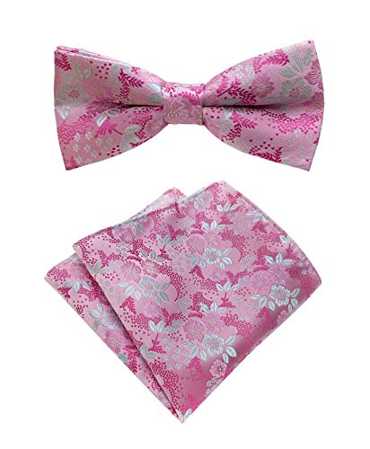 Herren-Fliegen-Set, vorgebunden, luxuriöses Blumenmuster, Hochzeits-Fliege mit Einstecktuch - Pink - Einheitsgröße von Elfeves