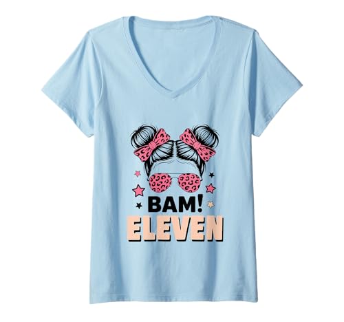 Damen 11. Geburtstag Mädchen Messy Bun Bäm! Elf Jahre Alt T-Shirt mit V-Ausschnitt Damen 11. Geburtstag Mädchen Messy Bun Bäm! Elf Jahre Alt T-Shirt mit V-Ausschnitt von Elfter Geburtstag & 11. Geburtstag Design