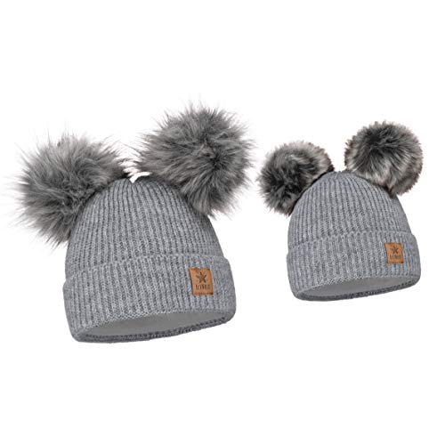 ELIMELI Eltern-Kind Mütze Mädchen Warme Wintermütze für Mutter und Tochter Mütze Damen Winter mit Zwei Bommeln Slouch Strick Beanie Damen Bommelmütze Kinder Mama und Baby Cap Set 3 (Grau) von ELIMELI