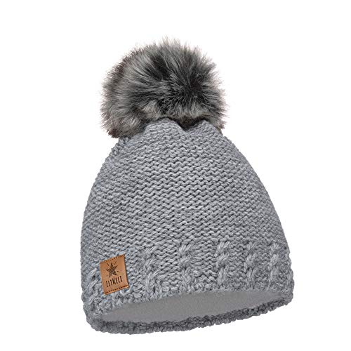 ELIMELI Kinder Mütze für Mädchen warme gestrickte Wintermütze mit Kunstfell Bommel Perfekt Beanie für Winter und Herbst 17200 (Grau) von ELIMELI