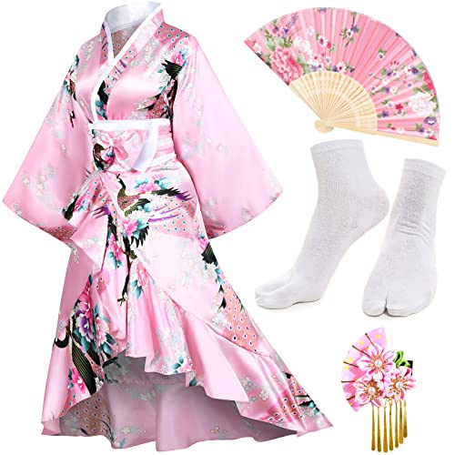 Damen Kimono Robe Geisha Yukata Sweet Smoking Rüschen Kleid Blüte Satin Bademantel Nachtwäsche Fans Tabi Socken Set, Typ 2 - Pink, 5XL von Elibelle