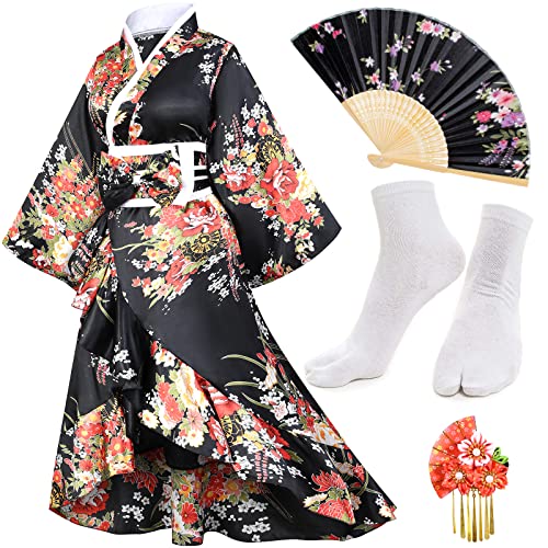 Damen Kimono Robe Geisha Yukata Sweet Smoking Rüschen Kleid Blüte Satin Bademantel Nachtwäsche Fans Tabi Socken Set, Typ1-Schwarz, 5XL von Elibelle