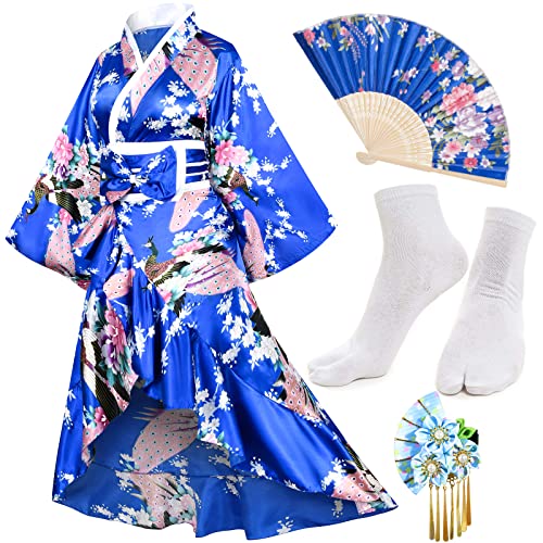 Damen Kimono Robe Geisha Yukata Sweet Smoking Rüschen Kleid Blüte Satin Bademantel Nachtwäsche Fans Tabi Socken Set, Typ2-Blau, 5XL von Elibelle