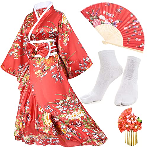 Elibelle Damen-Kimono, Geisha, Yukata, süßer Smoking, Rüschenkleid, Blüte, Satin, Bademantel, Nachtwäsche, Fans, Tabi-Socken, Set, Typ 1, Rot, Einheitsgröße von Elibelle