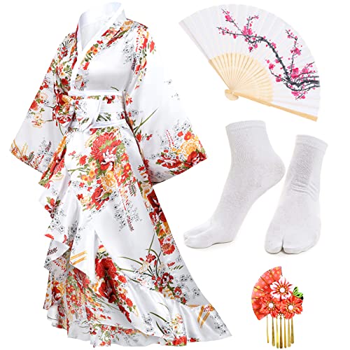 Elibelle Damen-Kimono, Geisha, Yukata, süßer Smoking, Rüschenkleid, Blüte, Satin, Bademantel, Nachtwäsche, Fans, Tabi-Socken, Set, Typ 1, weiß, L von Elibelle