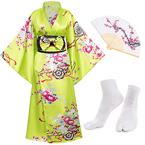 Elibelle Japanische Anime Damen Kimono Robe Geisha Yukata Sweet Dress Blossom Satin Bademantel Nachtwäsche Fans Tabi Socken Set, Grün , Plus size(Tag 5XL) von Elibelle