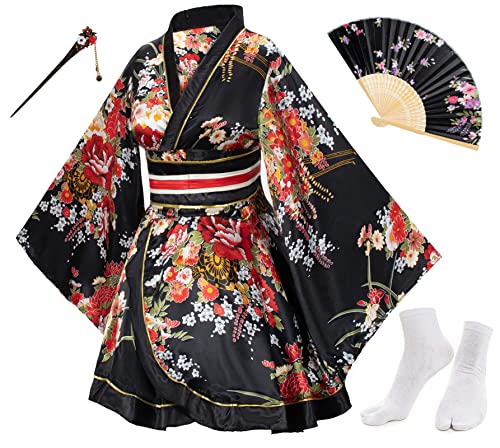 Elibelle Japanischer Anime-Damen-Kimono-Robe, Kostüm, Seide, faltbar, Tabi-Haarstäbchen, Socken-Set, Schwarz - Typ 2, 5XL von Elibelle