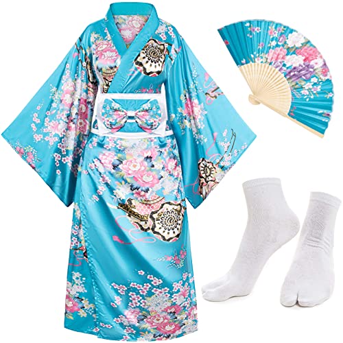 Japanische Anime Damen Kimono Robe Geisha Yukata Sweet Dress Blossom Satin Bademantel Nachtwäsche Fans Tabi Socken Set, Blau, Einheitsgröße von Elibelle