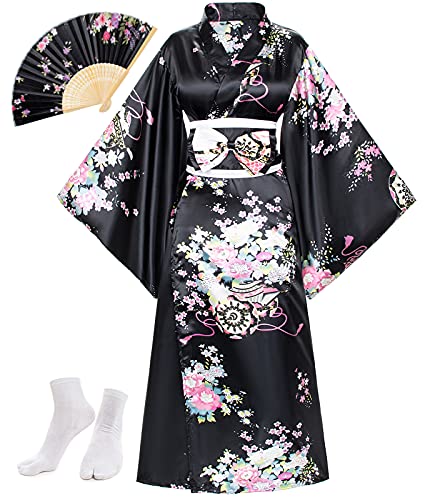 Japanische Anime Damen Kimono Robe Geisha Yukata Sweet Dress Blossom Satin Bademantel Nachtwäsche Fans Tabi Socken Set, Schwarz, Einheitsgr��e von Elibelle