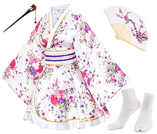 Japanische Anime Damen Tanz Kimono Robe Fancy Dress Hand Held Silk Folding Fans Tabi Hairstick Socken Set, Weiß - Typ 1, S von Elibelle