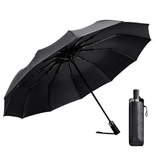 ElifeAcc Regenschirm 12 Rippen Wasserdichter winddichter automatischer kompakter Klappschirm Tragbar für Regentag Unisex(Schwarz) von ElifeAcc