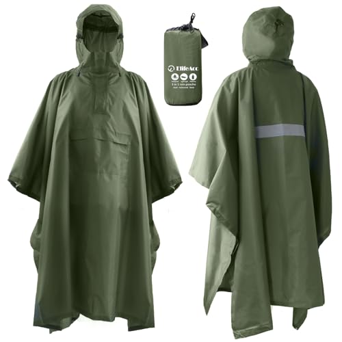 ElifeAcc Wasserdichter Poncho für Erwachsene mit Kapuze leicht und wiederverwendbar winddicht mit Schnallen multifunktionale Cape für Outdoor-Aktivitäten（Grün） von ElifeAcc