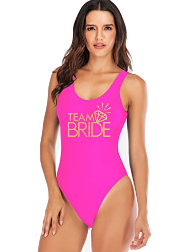 Elightvap Bride to Be Squad Damen Einteiler Badeanzüge Buchstabendruck Bademode High Cut Monokini Brautjungfer Team Badeanzüge, Rosarot – Team Bride Diamond, Large von Elightvap