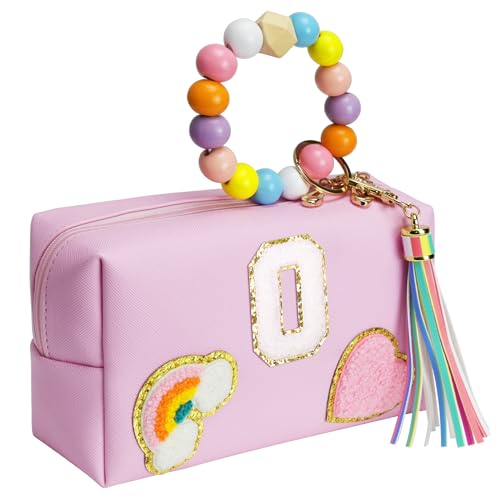 Elilier Initial Preppy Make-up-Tasche, personalisierte tragbare Smiley-Gesicht-Make-up-Tasche mit Schlüsselanhänger-Armband, niedliche Make-up-Tasche, PU-Leder, wasserdichte Kosmetiktasche, Kulturbeutel, adrettes Geschenk für Mädchen, O von Elilier