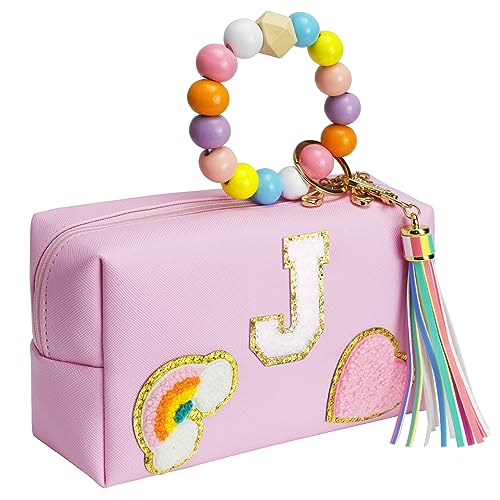 Elilier Initial Preppy Make-up-Tasche, personalisierte tragbare Smiley-Gesicht-Make-up-Tasche mit Schlüsselanhänger-Armband, niedliche Make-up-Tasche, PU-Leder, wasserdichte Kosmetiktasche, Kulturbeutel, adrettes Geschenk für Mädchen, J von Elilier