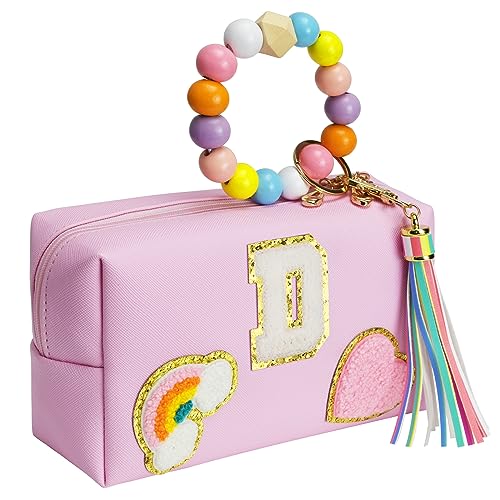 Elilier Initial Preppy Make-up-Tasche, personalisierte tragbare Smiley-Gesicht-Make-up-Tasche mit Schlüsselanhänger-Armband, niedliche Make-up-Tasche, PU-Leder, wasserdichte Kosmetiktasche, Kulturbeutel, adrettes Geschenk für Mädchen, D von Elilier