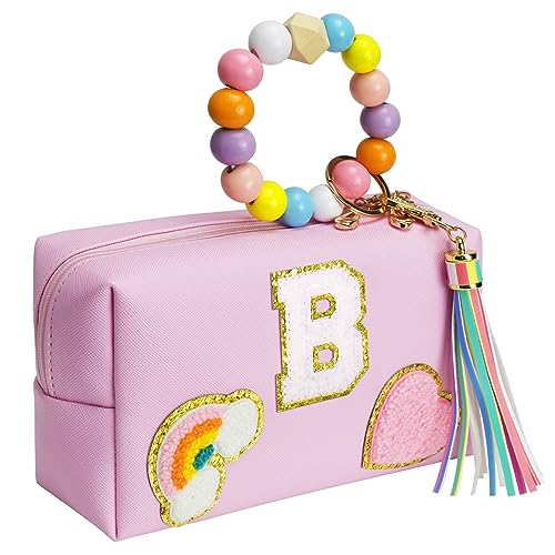 Elilier Initial Preppy Make-up-Tasche, personalisierte tragbare Smiley-Gesicht-Make-up-Tasche mit Schlüsselanhänger-Armband, niedliche Make-up-Tasche, PU-Leder, wasserdichte Kosmetiktasche, Kulturbeutel, adrettes Geschenk für Mädchen, B von Elilier
