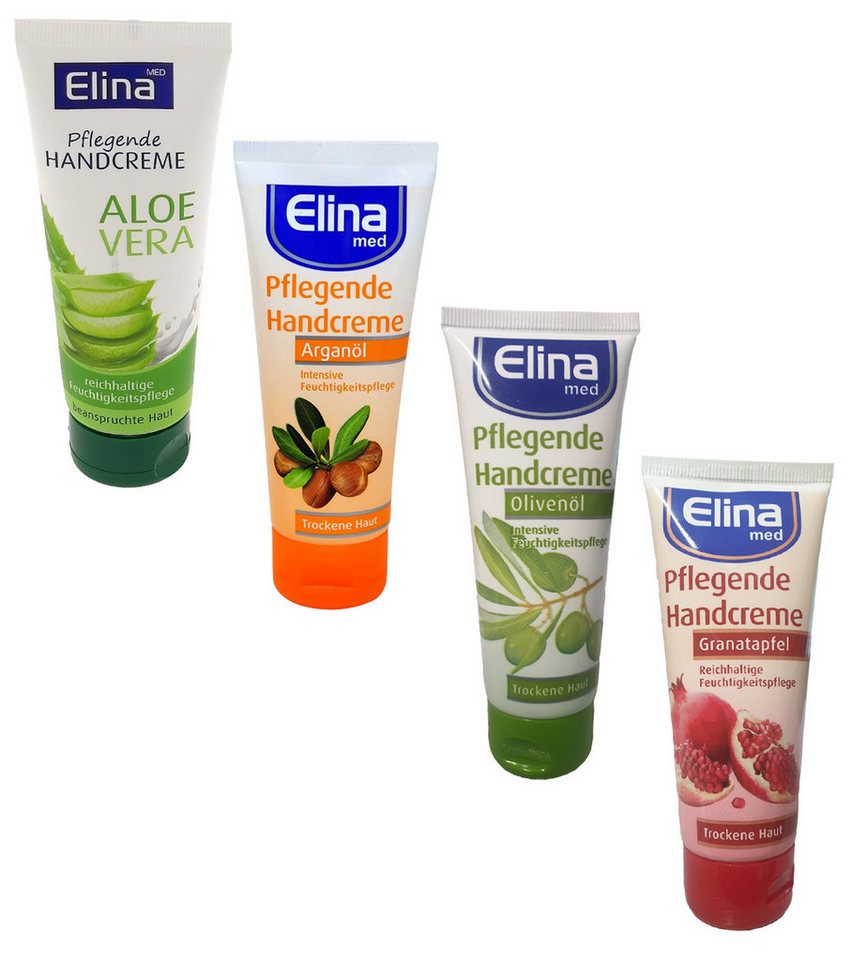 Elina Med Handcreme Elina Handcreme Set, Olivenöl, Arganöl, Aloe Vera, Granatapfel Set, 4-tlg., Handcreme Hautschutzcreme Pflegecreme Elina Med Handcreme Elina Handcreme Set, Olivenöl, Arganöl, Aloe Vera, Granatapfel Set, 4-tlg., Handcreme Hautschutzcreme Pflegecreme von Elina Med