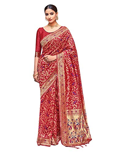 Sarees For Women Banarasi Art Seide Woven Saree || Designer Indisches Hochzeitsgeschenk Sari mit ungenähter Bluse, Rot 1 von Elina fashion