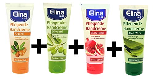Elina Probier Handcreme Set, Olivenöl, Arganöl, Aloe Vera, Granatapfel, 4er Pack (4 x 75 ml) von Elina med