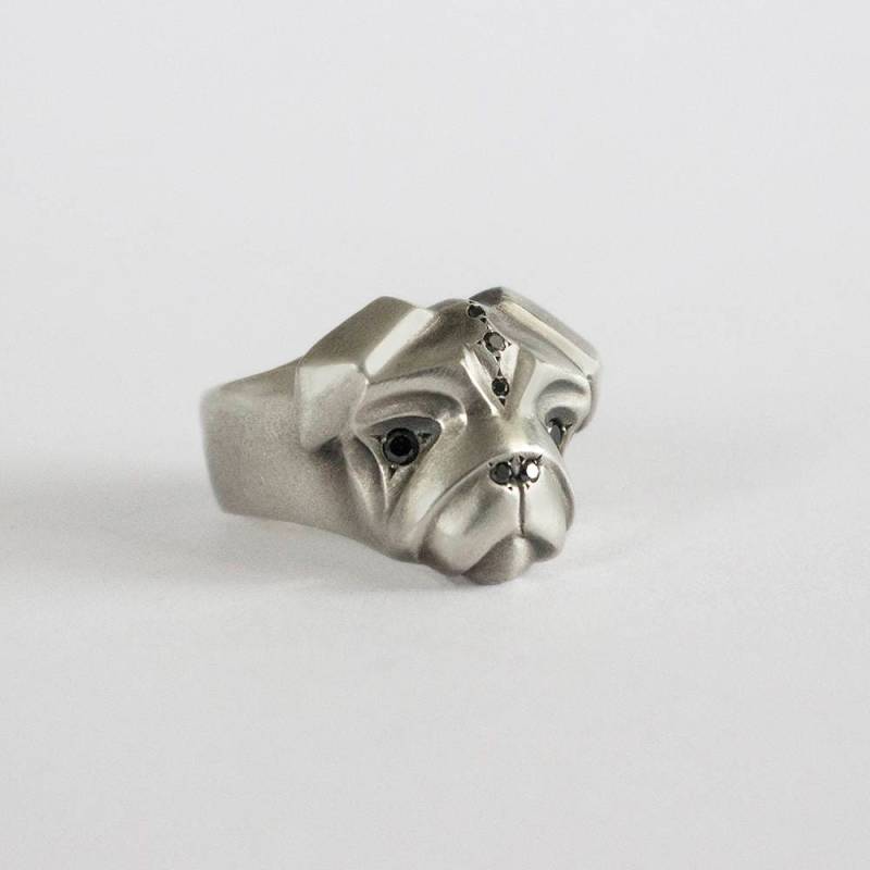 Mops-Ring Mit Fancy Black Diamond Einstellung, Mops Liebhaber Ring, Silber Hund Weihnachtsgeschenk von ElinaGleizer
