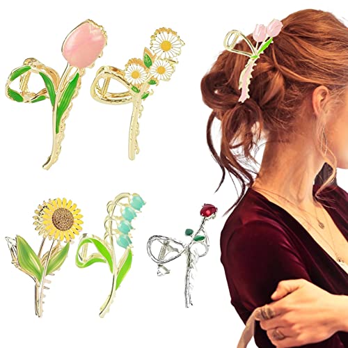 6Stück Blumen Metall Haarspangen, Florale Haarklammern Aus Metall, Große Haarklammer Rutschfestes Haarstyling Zubehör, Modischer Haarschmuck, Haarklammern Für Damen Dickes Haar, Rutschfest Für Langes von Elinrat