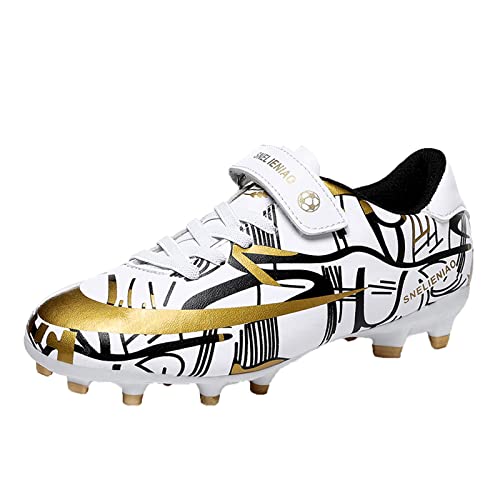 ElioGn Fußballschuhe für Jungen Mädchen Kids Firm Ground Fußballschuhe Sportlich Tatsächliche Kampftrainingsschuhe Klett Fußball Schuhe Weiß Gold 30 von ElioGn