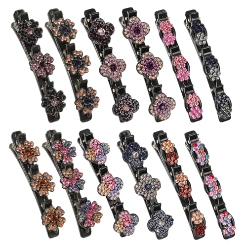 12 Stück funkelnde Kristallstein-geflochtene Haarspangen für Damen und Mädchen, glänzende Blumen-Strass-Haarspange, geflochtene Entenschnabel-Haarspange mit Kristall-Haarschmuck zum Stylen von Eliongpu