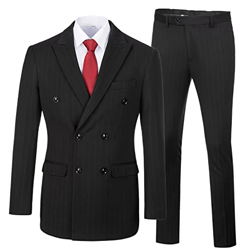 Herren-Anzüge, schmale Passform, 3-teilig, zweireihig, Nadelstreifen, Smoking-Set für Hochzeit, Abschlussball, Schwarz, XL von Elionm