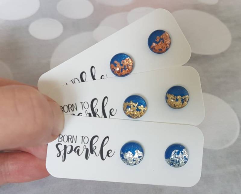 Blau Und Gold Ohrringe Runde Ohrstecker, Elegante Blau, Geschenke Für Sie, Blau Minimal, Moderne Ohrstecker Handgemacht von ElisGiftBoutique