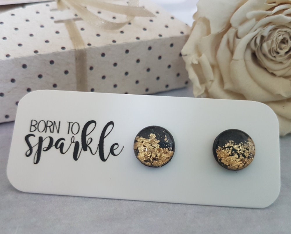 Schwarze Und Goldene Ohrringe, Blattgold Gold Schwarze Ohrstecker, Moderne Elegante Ohrstecker von ElisGiftBoutique