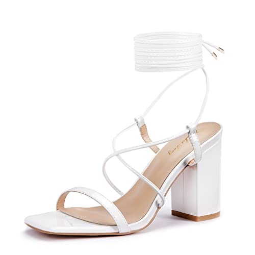 Zhabtuc Elegante Damen Sandalen mit 8cm Blockabsatz, Metallic Glanz, Riemen, Quadratischer Zeh, Offener Zeh, Party- und Abendkleidschuhe, Weiß, 39 EU von Elisabet Tang