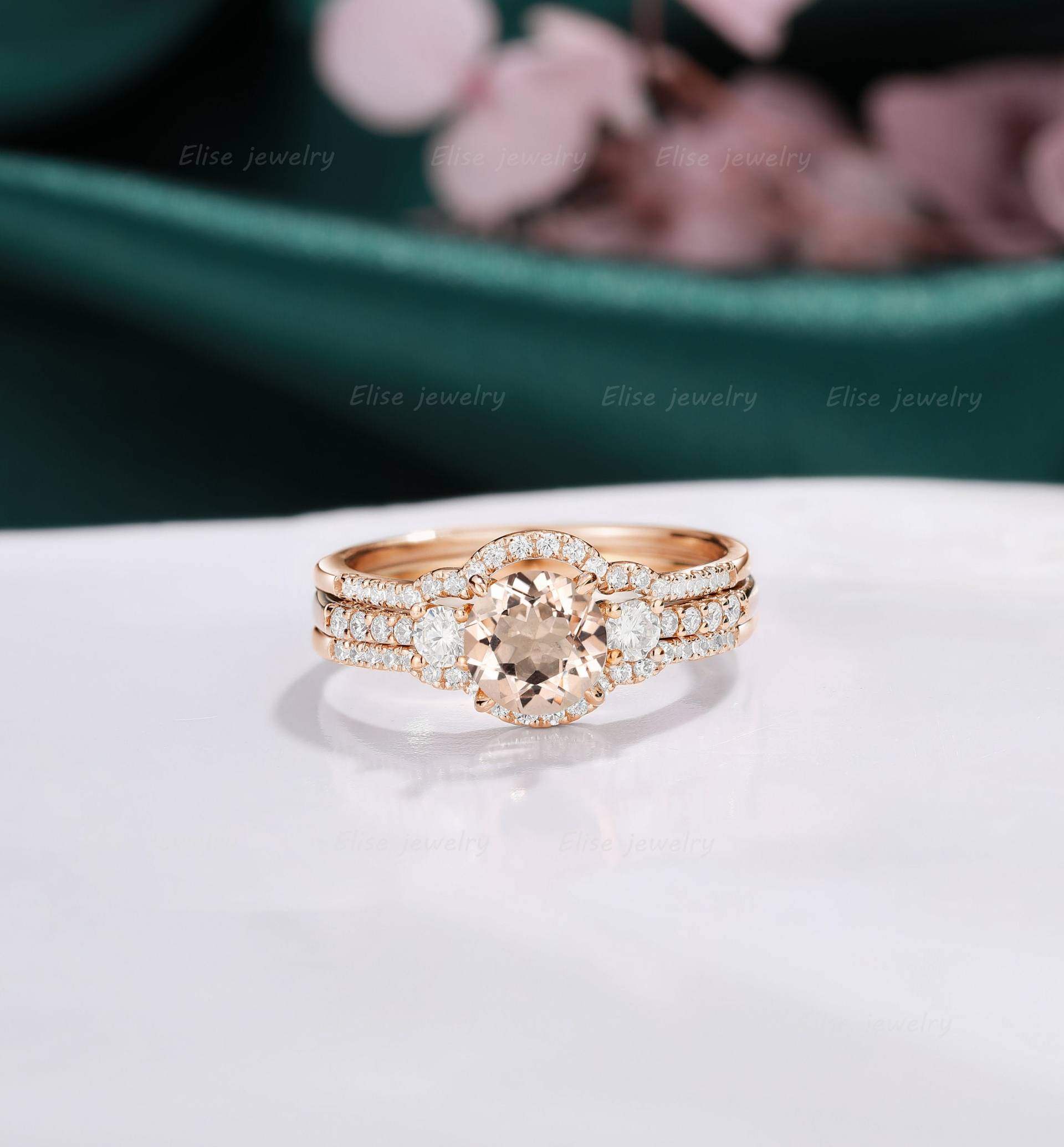 3Pcs Morganit Verlobungsring Set Vintage Ring Drei Stein Roségold Versprechen Jahrestag Stapel Diamant von EliseJewelryDesigns