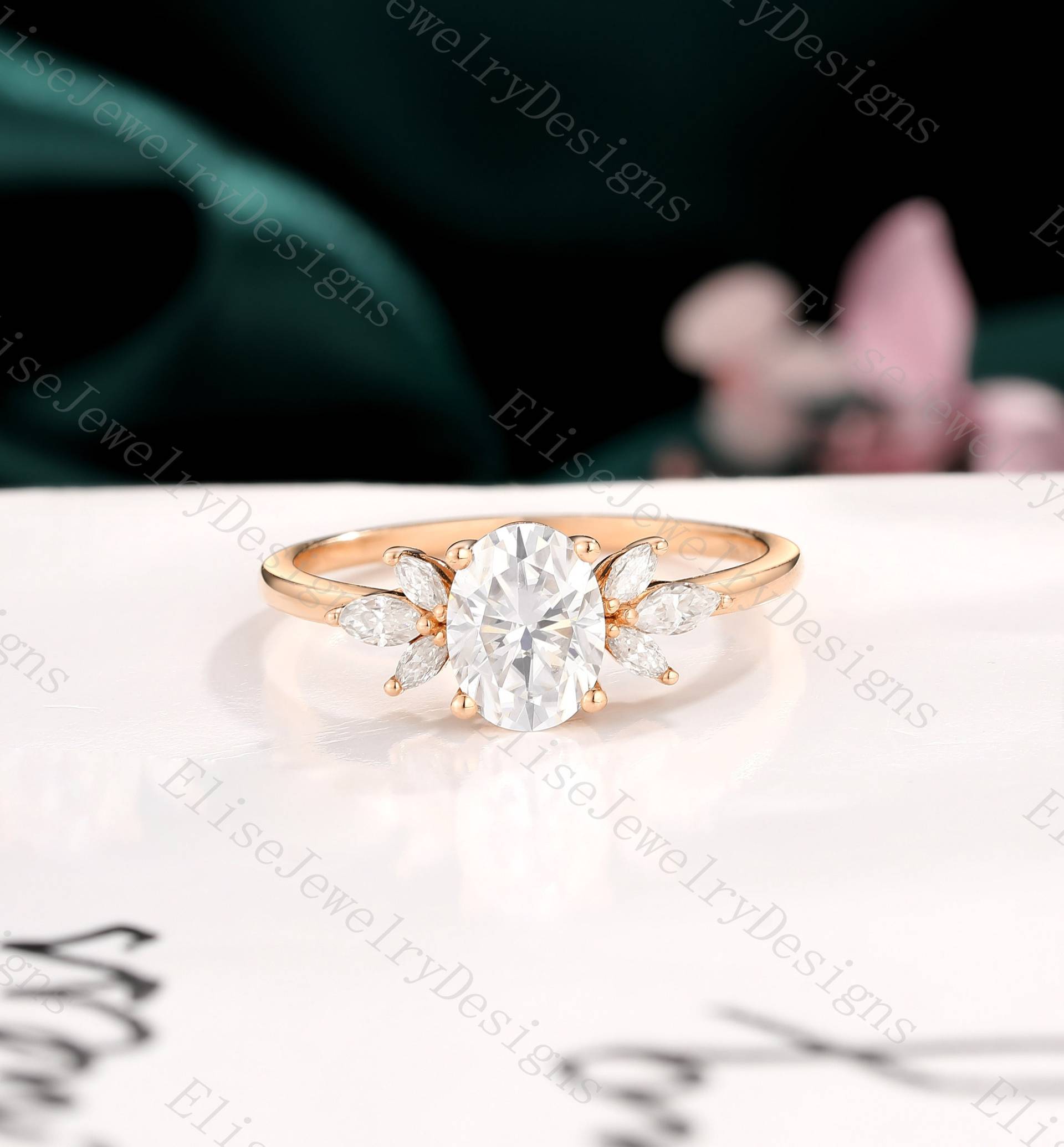 Antiker Moissanit Verlobungsring | Rosegold Ring Art Deco Blumen Ring Oval Geschliffener Marquise Jubiläumsring von EliseJewelryDesigns