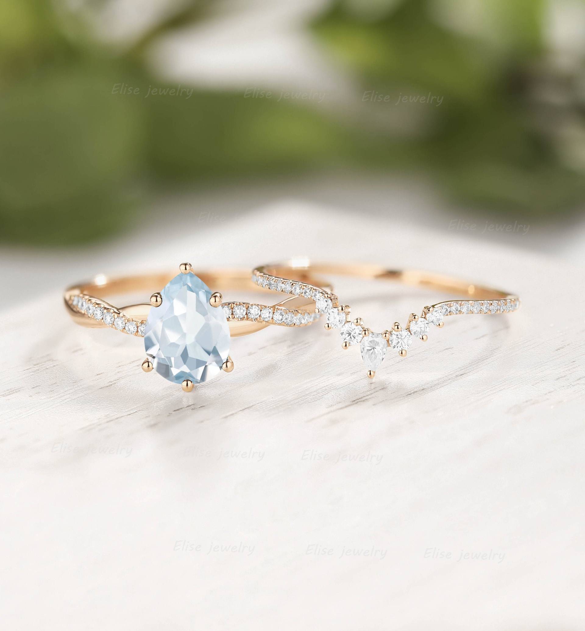 Aquamarin Verlobungsring Set Vintage Ring Birne Roségold Unikat Diamant Gewölbt Ehering von EliseJewelryDesigns